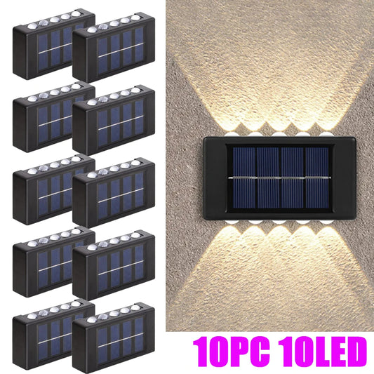 10PC, Outdoor 10 LED Solar Patio Path Light, Garden Wall Lighting Wall Sconce, Up and Down Illuminated Convex Mirror Light