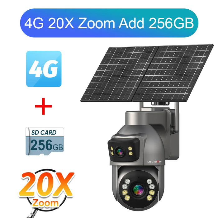 LS VISION 8MP 24/7 Video Recording AOV 4G Solar Camera Dual Screens Outdoor 20X Optical Zoom 50m Detection Distance CCTV Cameras