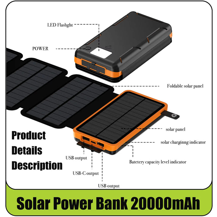 Folding solar panel power bank 20000, supports fast charging, sufficient capacity, LED emergency light suitable for travel