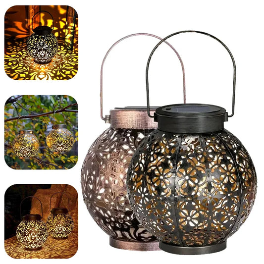 Solar Garden Light Outdoor Garden Decoration Solar Lights Metal Waterproof Round Lantern Lights Hanging Hollow Projection Lights