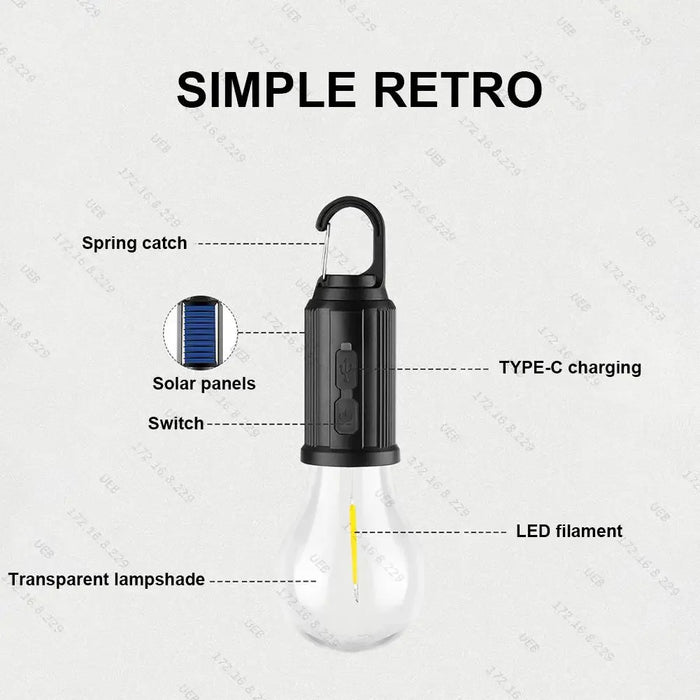 Solar Powered LED Camping Lamp with Hook LED Lighting Lantern USB Charging Outdoor Tent Light Waterproof for Outdoor BBQ Camping