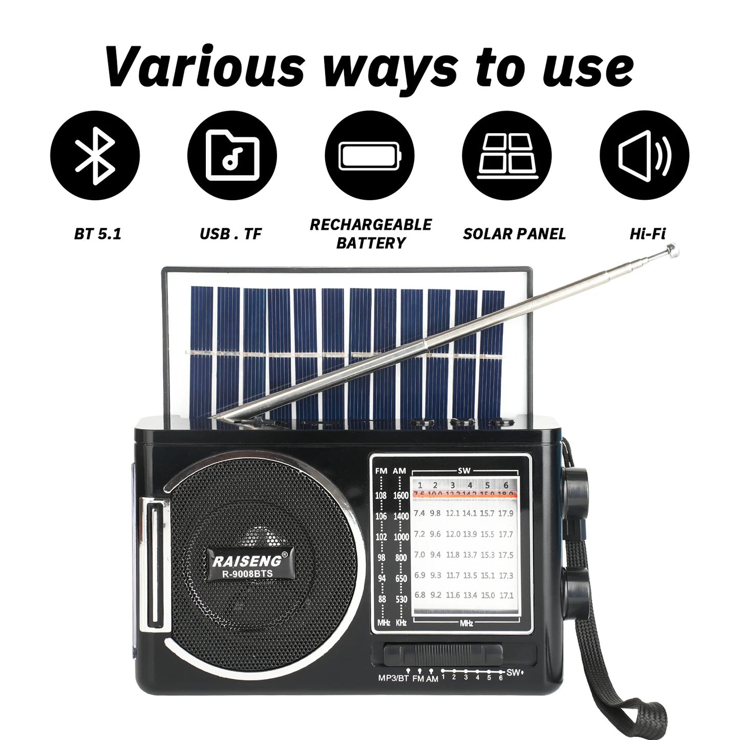 9008BTS classic solar radio, AM/FM speaker, USB/TF card interface, 3 charging methods, suitable for outdoor activities