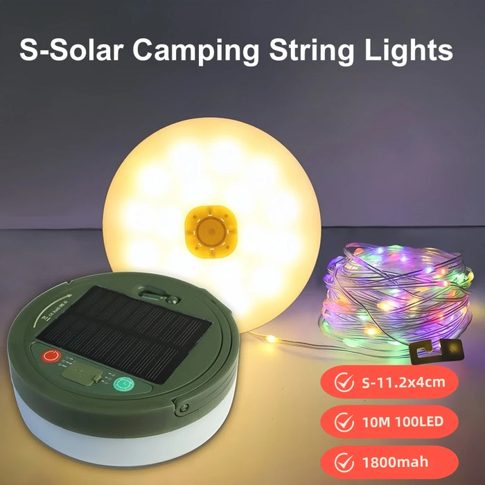 Solar Camping Lamp with String Lights LED Portable Waterproof Tent Lamp with 8 Lighting Modes Hanging Rechargeable Tent Lantern