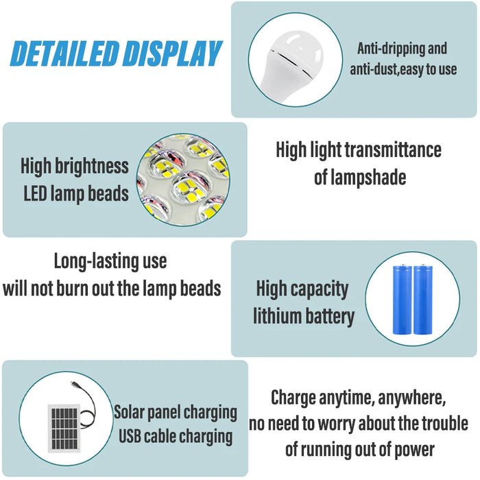 LED Solar Lamp Bulb Outdoor Waterproof Portable Solar Garden Hanging Light Hiking Fishing Emergency Lights