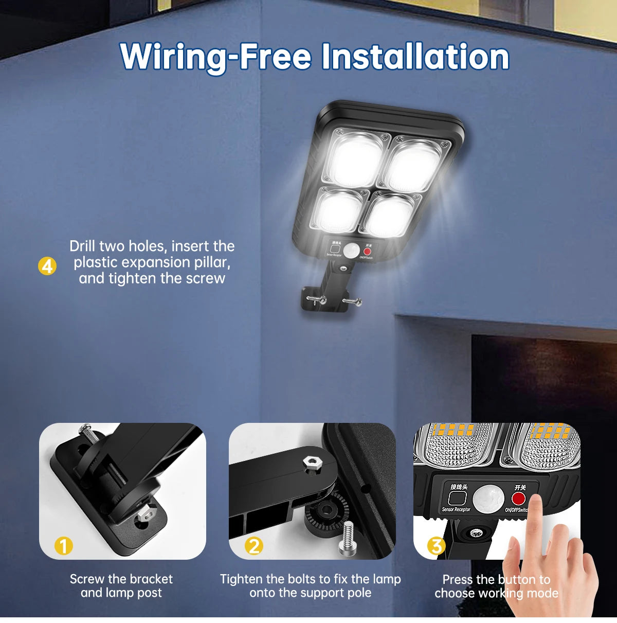 Solar Street Lights Outdoor Waterproof Solar Lamp with Remote Control 3 Working Modes IP65 Waterproof for Garden Wall Yard