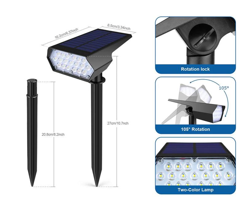 LED Solar Spotlight Floodlight High Bright Dimmable With Large Solar Panel Built-in 1200mAh Battery For Outdoor Garden Yard Lawn