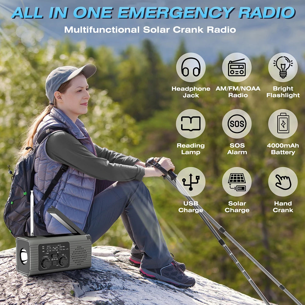SOS Alarm Emergency Hand Crank Radio AM/FM NOAA Solar Power USB Chargeable 4000mAh Power Bank Portable Radio with LED Flashlight