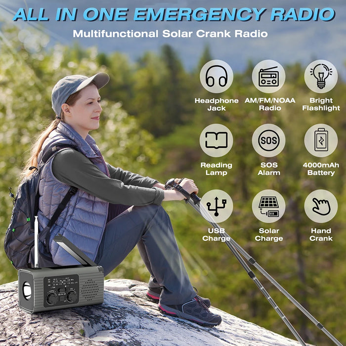SOS Alarm Emergency Hand Crank Radio AM/FM NOAA Solar Power USB Chargeable 4000mAh Power Bank Portable Radio with LED Flashlight