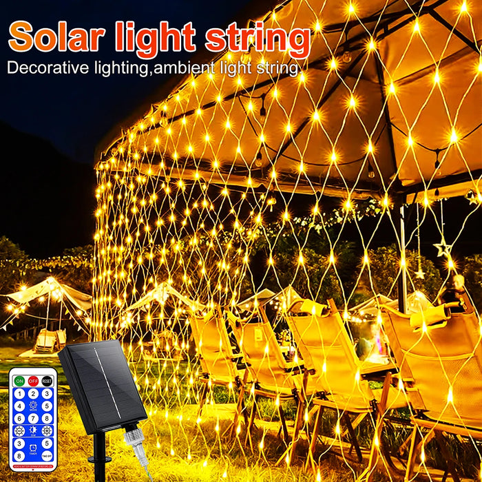 1pc Solar Net Lights Bush Net Lights Mesh Lights 8 Modes Remote Control Auto On/Off Outside Twinkle Lights For Patio Wall Roof