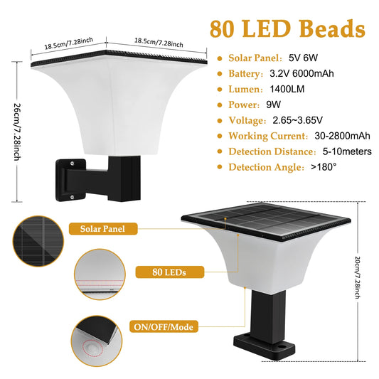 Solar Lights Outdoor 4 Modes Post Cap Wall Mounted Solar Lamp for Garden Yard Waterproof Solar Powered Pathway Lighting 80leds