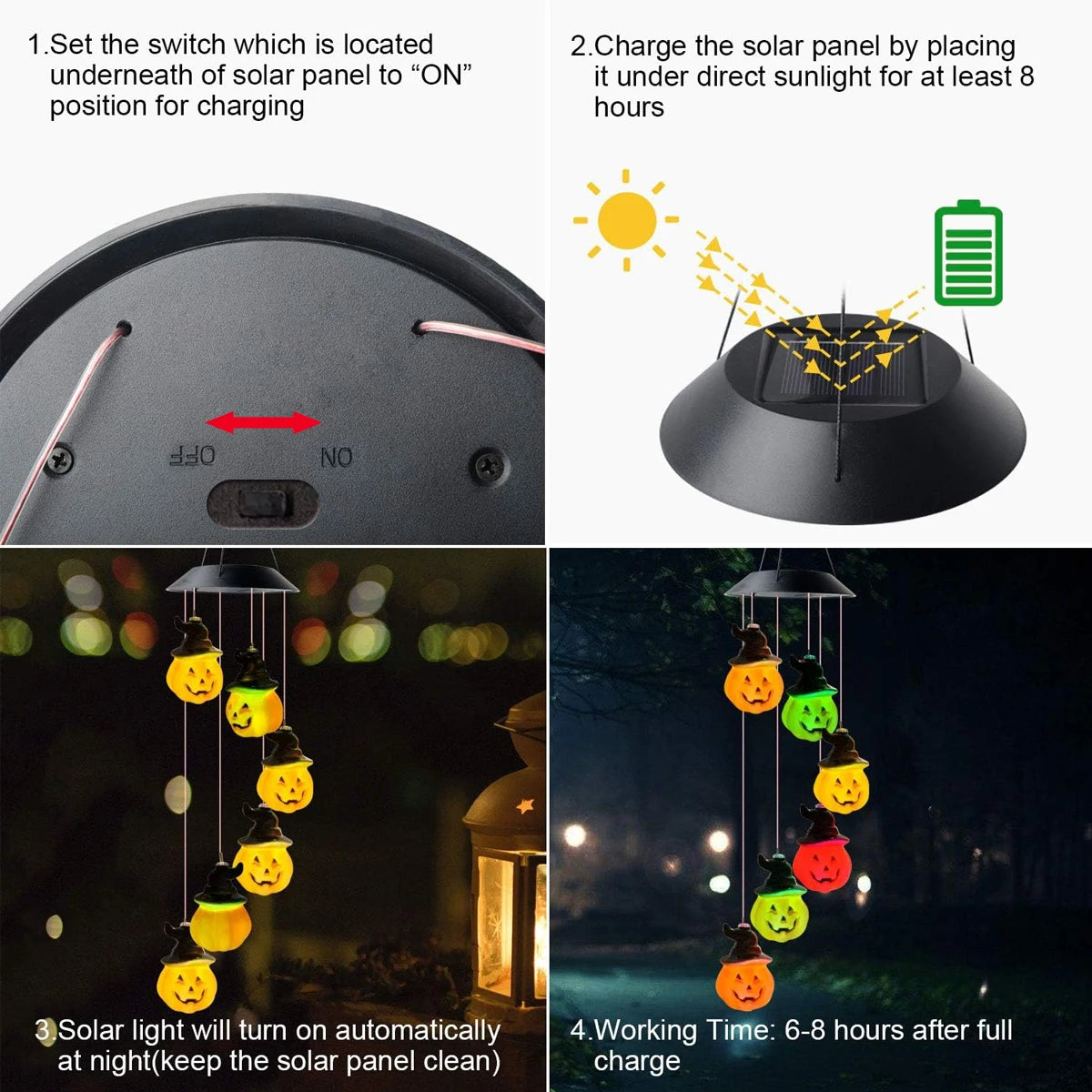 1PC Halloween Solar Wind Chimes Color Changing with 6 LED Pumpkin Waterproof Lights by Solar Powered Suitable For Holiday Party