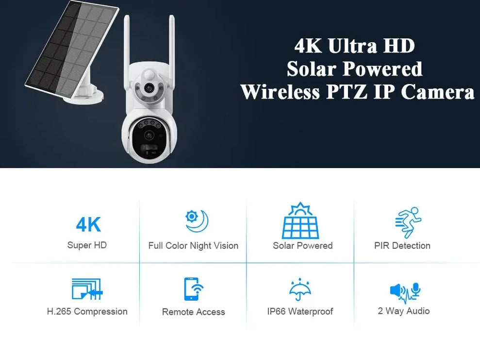 Solar Wireless PTZ Security Camera Auto Traking Outdoor 4K HD Wifi Battery CCTV Video Surveillance Camera Color Night Vision 8MP