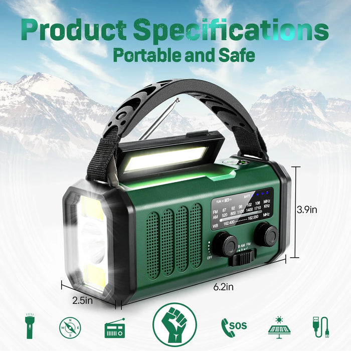 Emergency Weather Radio 10000mAh Solar Hand Crank Portable AM/FM/NOAA with Flashlight & Reading Lamp SOS for Home and Outdoor