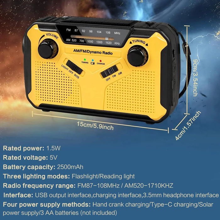 Emergency Solar Hand Crank Radio, AM/FM Portable with 2500mAh Power Bank & LED Light for Outdoor