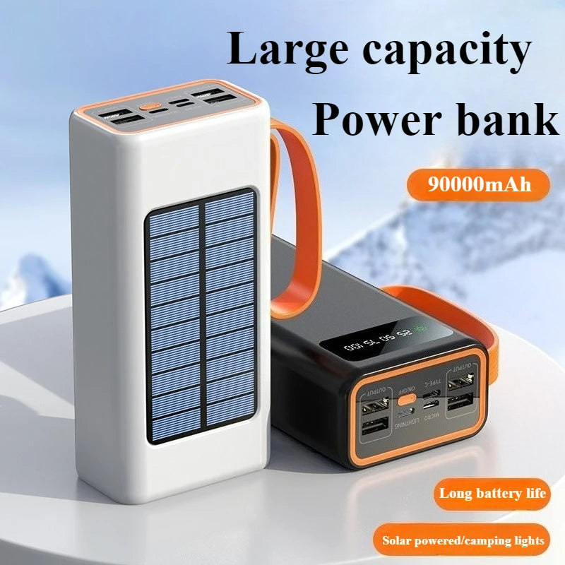 90000mAh Large Capacity Portable Power Bank with Solar or Camping Light Function Fast Charging External Backup Battery