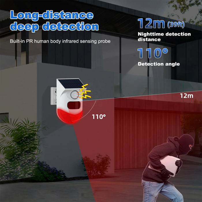 Solar Motion Sensor Alarm Outdoor Solar Alarm 120dB Loud Siren LED Strobe Lights Sound Security Alarm Adjustable Sensing Distanc