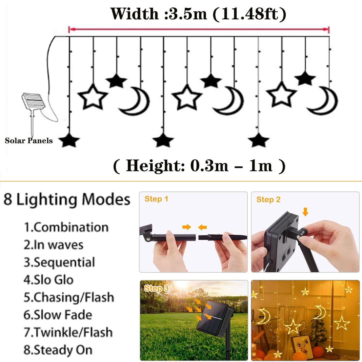 Star Moon Solar Battery String Lights 8Mode Outdoor Christmas Garland LED Fairy Light for Ramadan Festoon Wedding New Year Decor