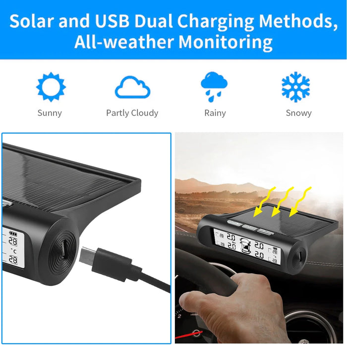 Solar Power Car Tire Pressure Alarm Digital Display Auto Smart Tpms Tire Pressure Monitor System Temperature Warning with Sensor