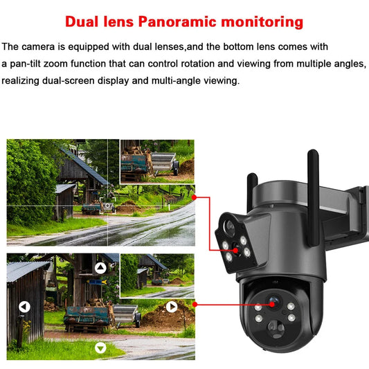 4K 8MP Wireless Solar PTZ Camera Dual Lens Color Night Vision Wifi CCTV Security Camera Built in Battery PIR Detection IP Cam