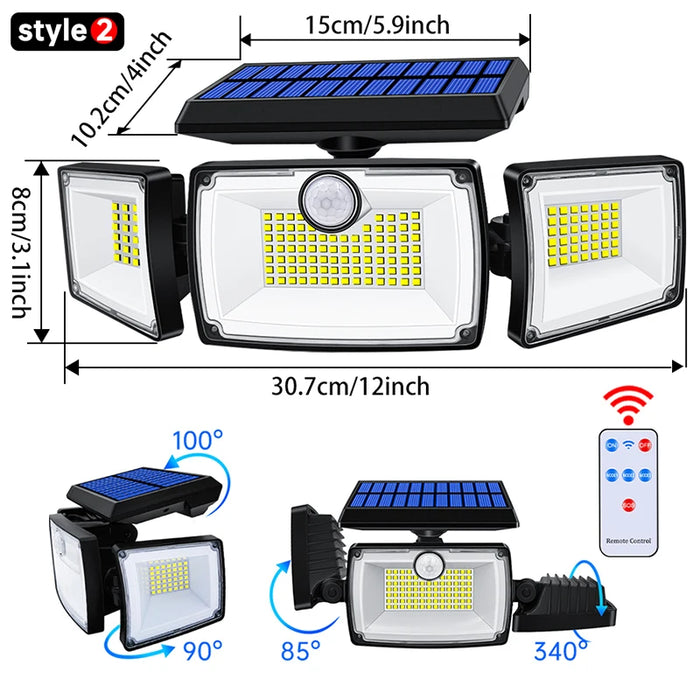 Security Solar Lights Outdoor 167 LED Adjustable 3 Heads with 3 Modes Wireless Motion Sensor Super Waterproof  Spot Flood Lights