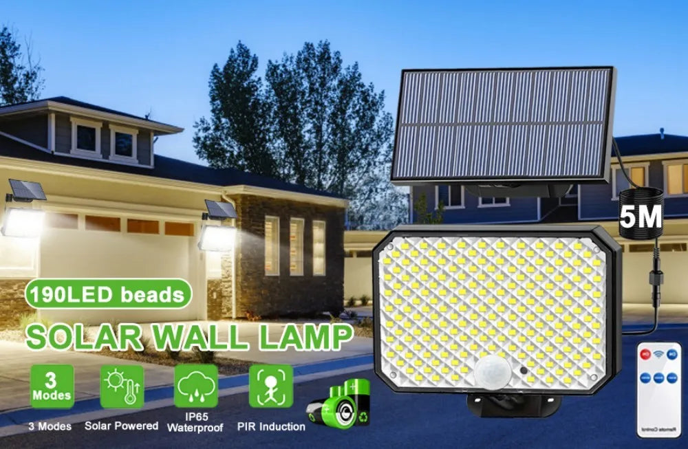 Solar Security Lights 190LED Solar Lights Outdoor Motion Sensor Waterproof 3 Modes   Solar Flood Wall Lamp Yard Garage Garden