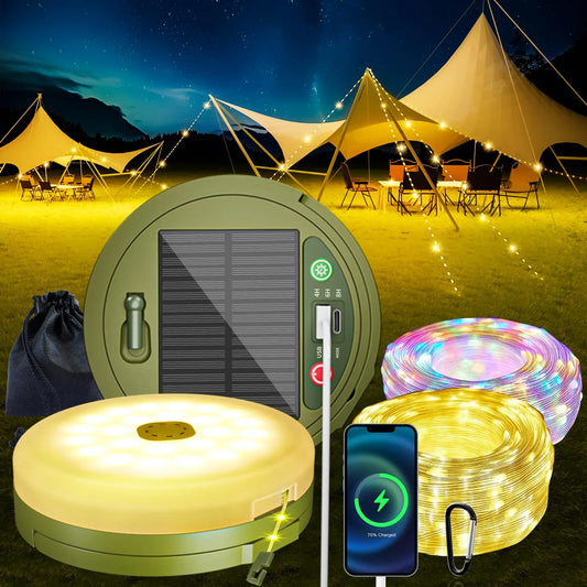 Solar Camping String Lights for Outside, 33FT Retractable Colored Lights Camping with Snap, Waterproof Camp Light for Tent Decor