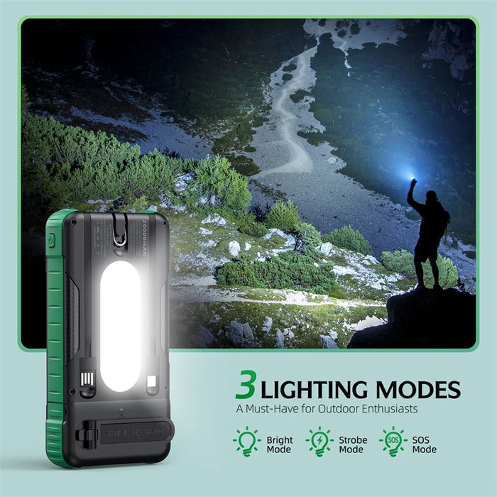 20000mAh Hand Crank Solar Power Bank with Cable Fast Charge Outdoor Portable Powerbank for iPhone Huawei Xiaomi External Battery