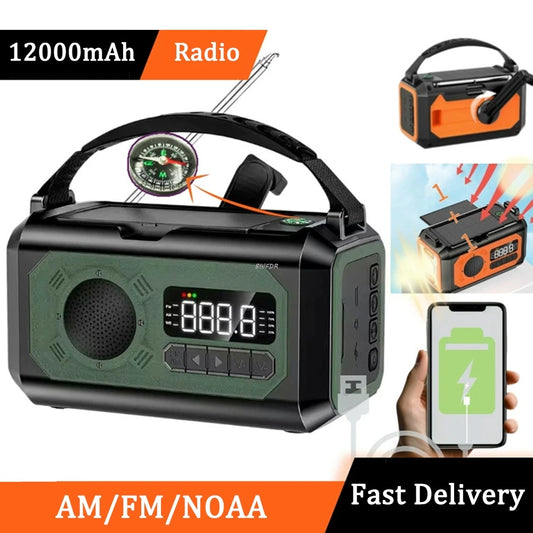AM/FM/NOAA Solar Hand Crank Radio 12000mAh Emergency Radio Reading Lamp Flashlight SOS Alarm Power Bank Speaker רדיו ופנס חירום