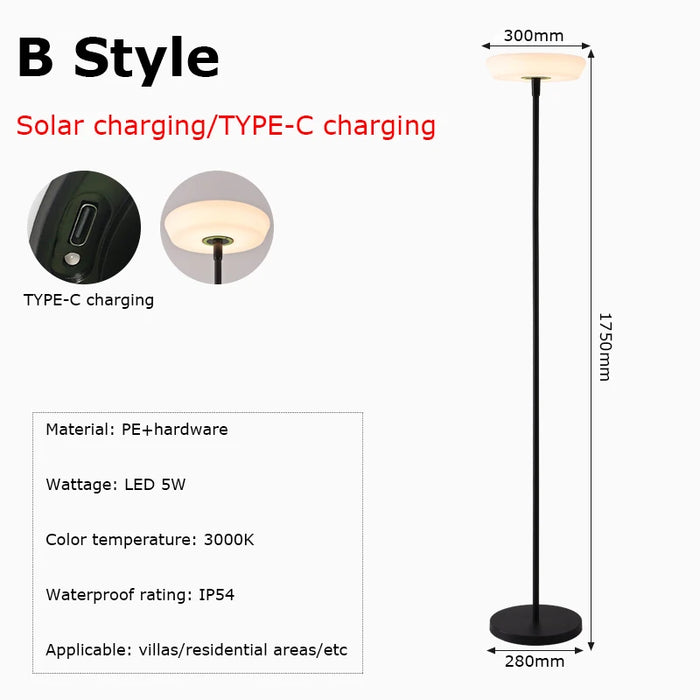 Outdoor Floor Lamp Solar Powered Light 4400 mAh Rechargeable Battery Cordless Light USB-C Charged IP54 Lamp for Lawn Pool Garden