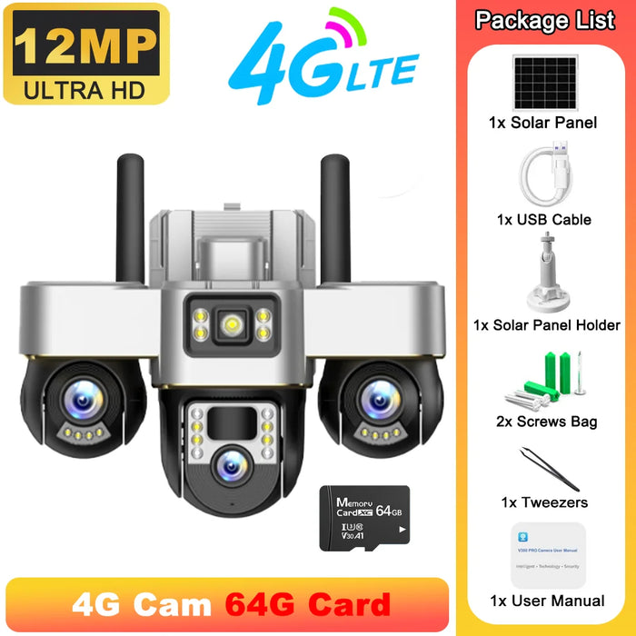 Solar Powered 3-Lens Security Camera with Smart Night Vision, Waterproof & 12MP HD Resolution for Outdoor Surveillance Camera