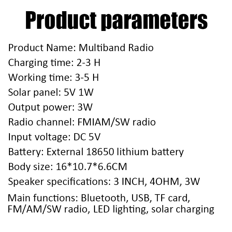 1pc Portable FM/AM/SW Radio Solar Charging Multi Band Emergency Radios Receiver Powerful Bluetooth Speaker with Flashlight USB