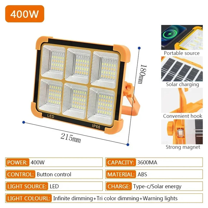 NEW 200-800W Outdoor Solar LED Floodlight Emergency Lighting Rechargeable Outdoor Camping Portable Waterproof Fishing Spotlight