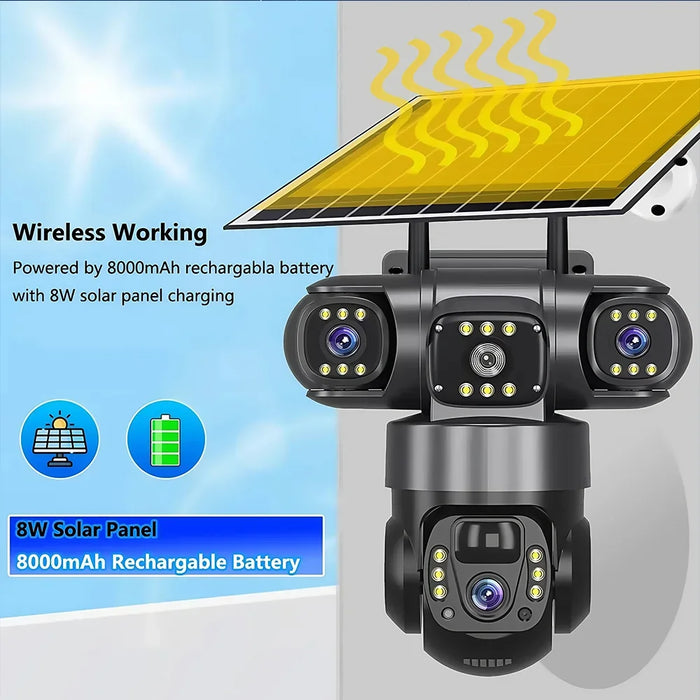 Solar 4G Camera With Sim Card 12MP 6K Three Lens Three Screen Monitor Night Vision Security Protection PTZ Video Surveillance