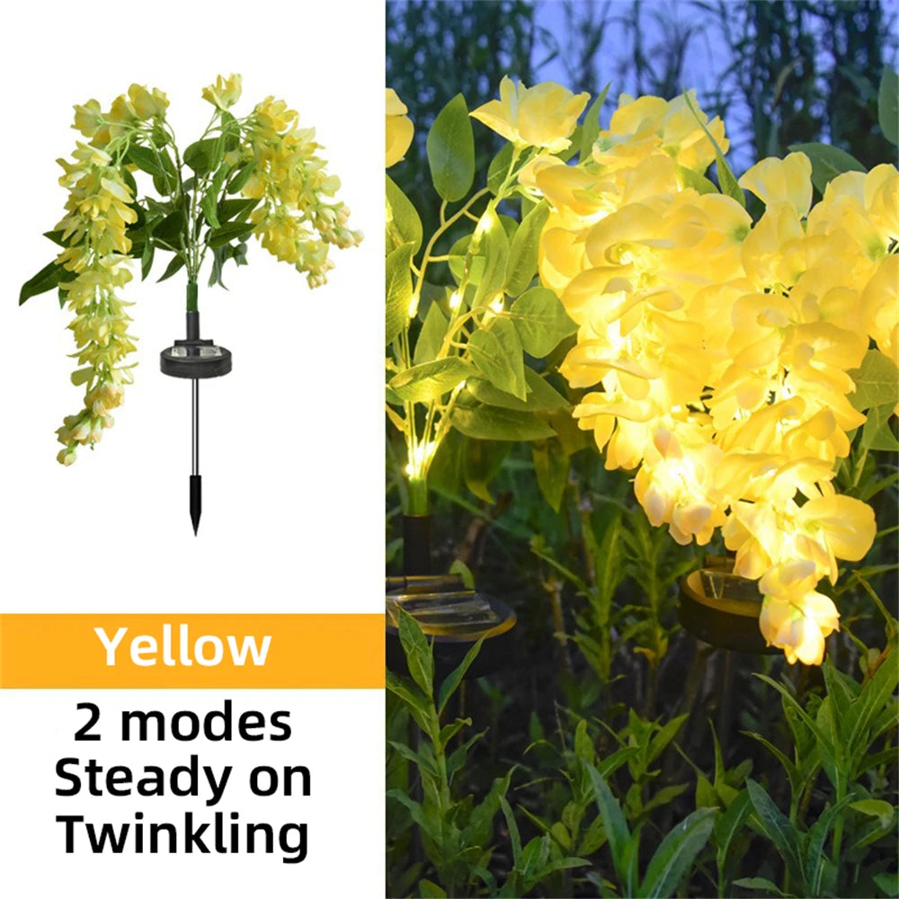 Solar Flowers Light Outdoor Garden Realistic Wisteria Floral Waterproof Artificial Flowers Solar Stake Lights for Patio Backyard