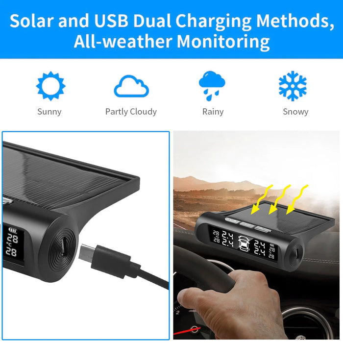 Solar Power Car Tire Pressure Alarm Digital Display Auto Smart Tpms Tire Pressure Monitor System Temperature Warning with Sensor