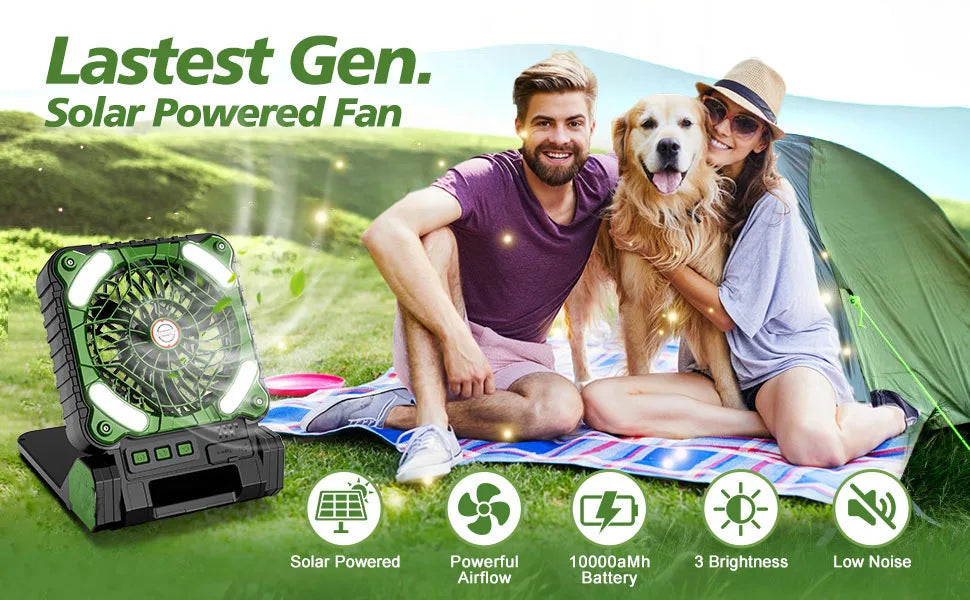 10000mAh Solar Powered Portable Camping LED Lantern With Fan 4 Speeds Powerful Wind Rechargeable Battery Operated 90° Folding