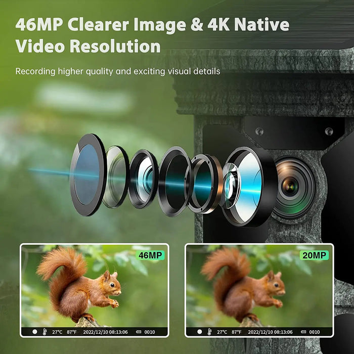Solar Charging Hunting Camera, Outdoor Game Cam, Night Vision, 120 ° Detection, Wildlife Recording, 2K, 30MP, 4G