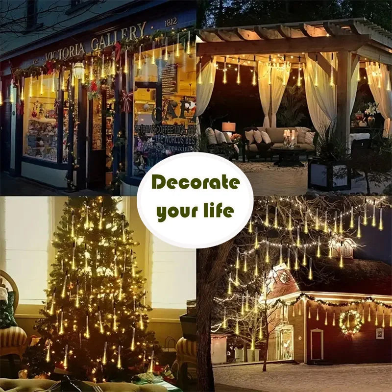 Solar Meteor Shower Light Christmas Tree Outdoor Falling Rain Drop String Lights for Street Wedding Party Garden Eave Decoration