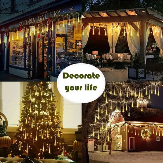 Solar Meteor Shower Light Christmas Tree Outdoor Falling Rain Drop String Lights for Street Wedding Party Garden Eave Decoration