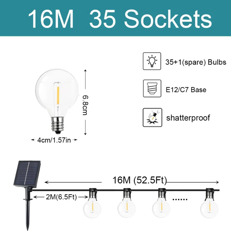 Solar String Lights Outdoor Globe Bulbs LED Outdoor Patio Solar Lamps For Patio Camping Terrace Garden Party Tree Decoration