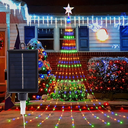 350 LED Solar Christmas Star String Lights 9 Strands Outdoor Fairy Waterfall Tree Lights  For Garden Yard Patio Xmas Decor