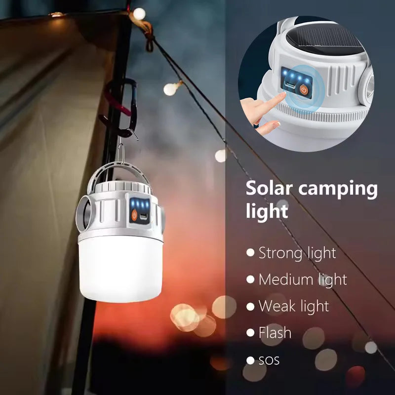 Solar Camping Lights Outdoor Waterproof Multifunctional Tent Flashlight Type-C And Solar Charge Atmosphere Light LED with Hook ﻿