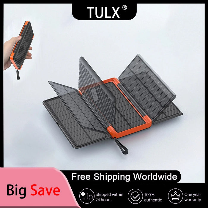 Solar Power Bank 20000mAh Qi Wireless Charger 3 Solar Panel Folding Powerbank for iPhone 16 15 14 13 12 Huawei Xiaomi Poverbank
