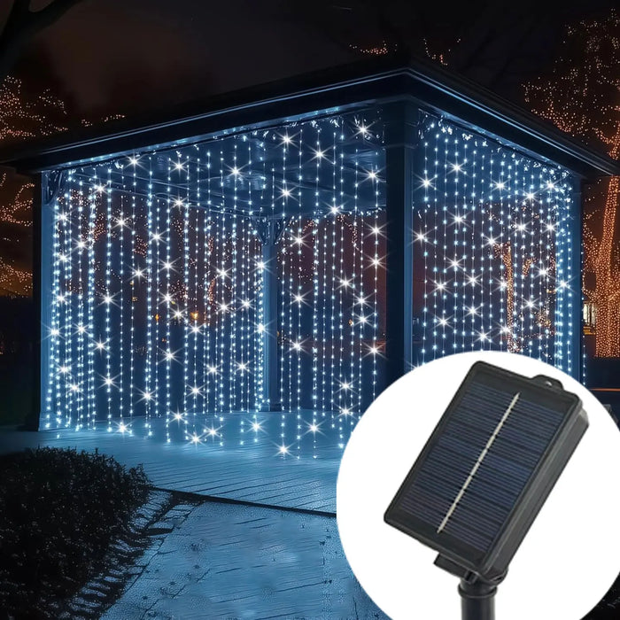 Christmas LED Solar Courtyard Curtain Lights Outdoor Waterproof Fairy String Lights with 8 Modes Garden Window Bedroom Wedding