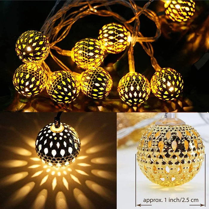 Solar LED String Lights Outdoor Iron Art Moroccan Ball Led String Lamp Gold Ball Silver Iron Round Ball