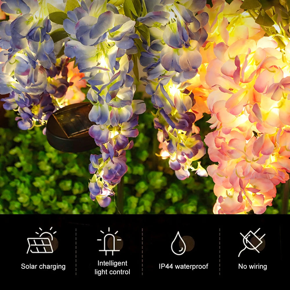 Solar Outdoor Decor Light Realistic Wisteria Floral Waterproof Artificial Flowers Light Solar Powered Garden Lawn Yard Lamp