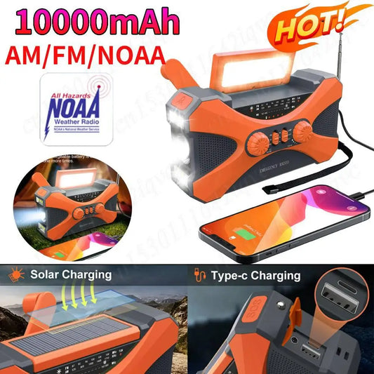 10000mAh Solar Hand Crank Radio Dual Speaker Stereo Emergency Radio Rechargeable FM AM WB NOAA Weather Radio Flashlight Torch