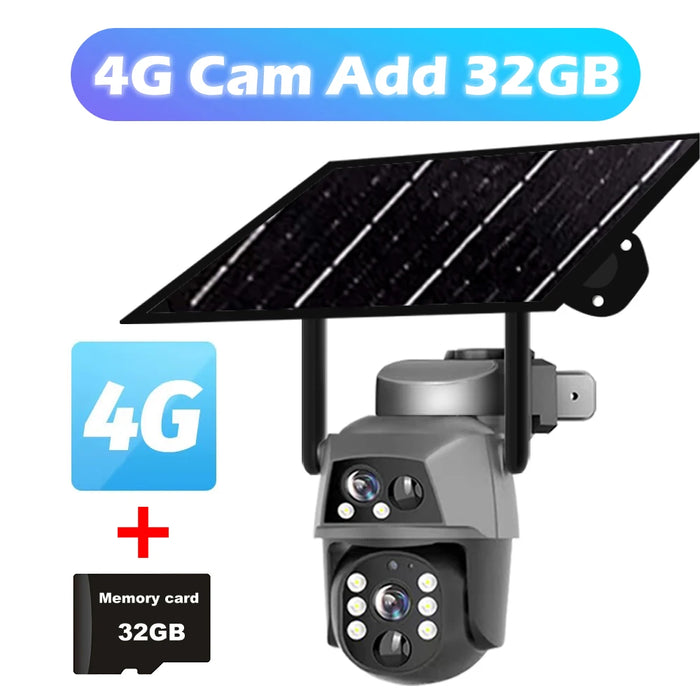 Solar Camera 4G Sim Card Outdoor Dual Lens 8MP 4K IP Camara With Solar Panel CCTV Security Built in Battery PIR Motion Detection