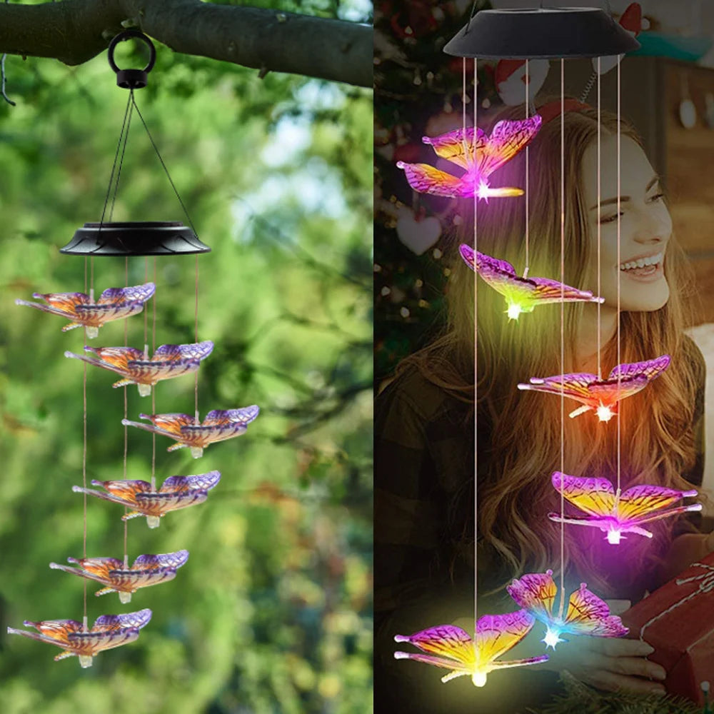 Solar Light Butterfly Windchime Light Rechargeable Christmas All Hallows' Day Party Atmosphere Landscape Balcony Decoration Lamp
