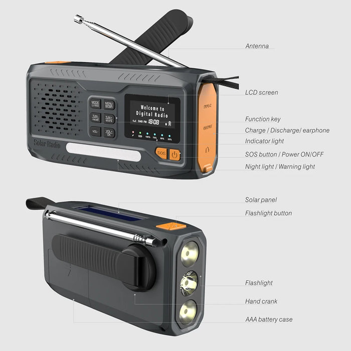 Solar Hand Crank Emergency Radio 2000mAh Rechargeable DAB/FM/Bluetooth-Compatible Radio 4 Ways Powered Reading Lamp for Survival